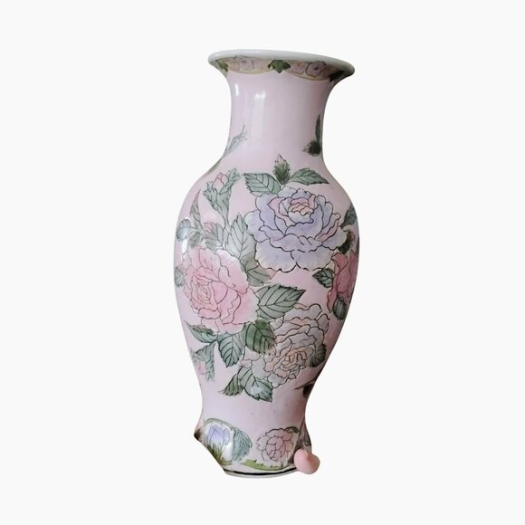 Vintage Toyo Porcelain Famille Rose Vase, Pink Embossed Floral Flowers Macau 10" - Picture 7 of 9